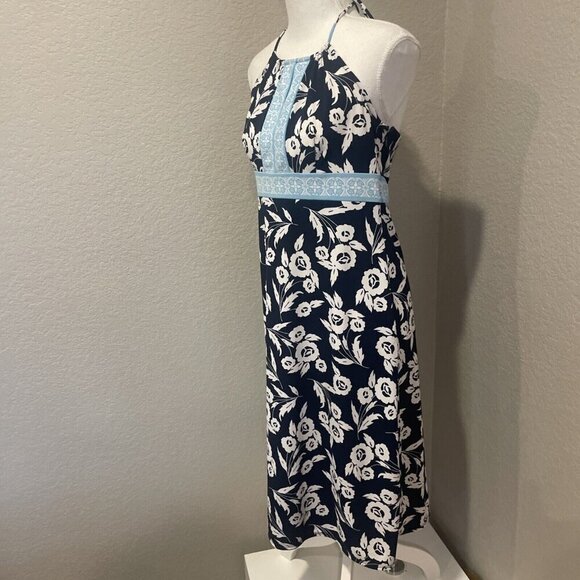 Ann Taylor LOFT Halter Dress Womens M Sleeveless Midi Floral Stretch Hawaiian - Picture 2 of 12